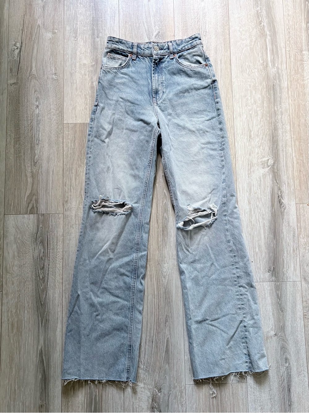 Zara Light Wash Distressed Straight Leg Jeans